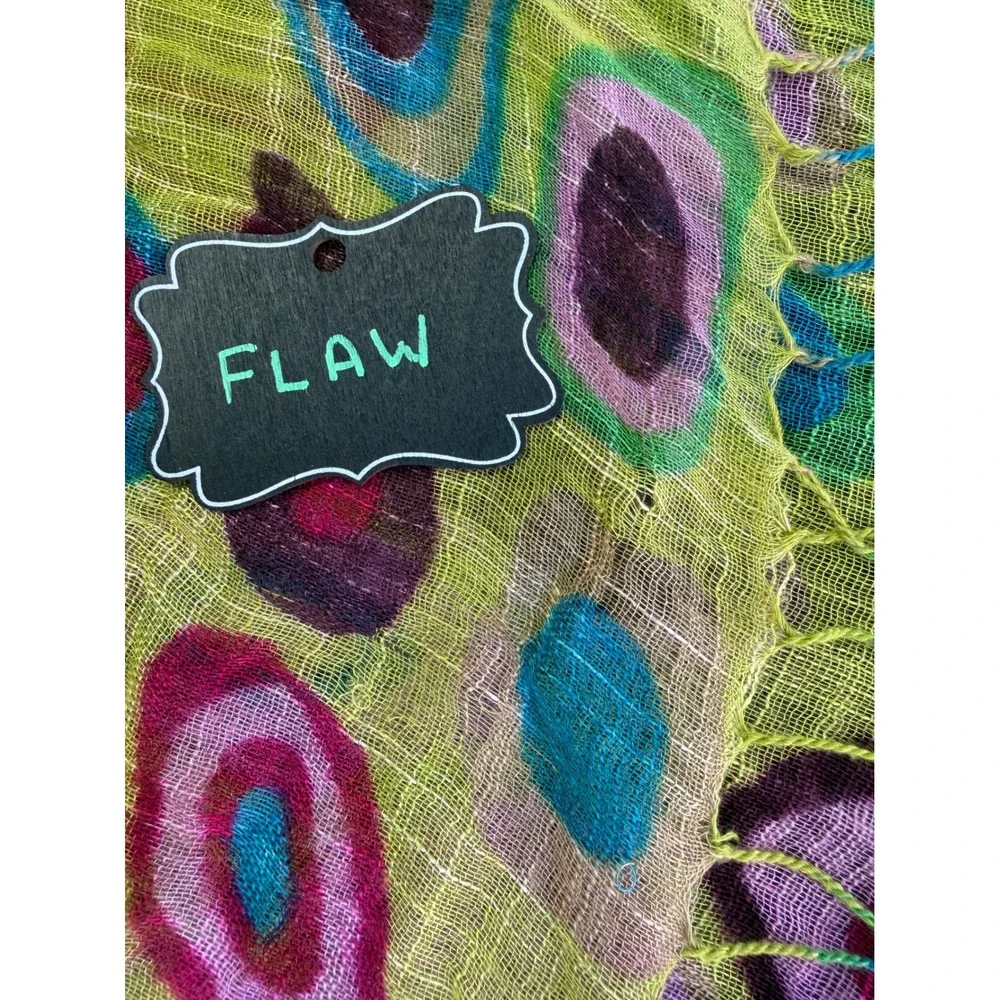 Abstract Circle Print Scarf Green Pink Gauze Fringe Boho Artsy Wrap Eclectic